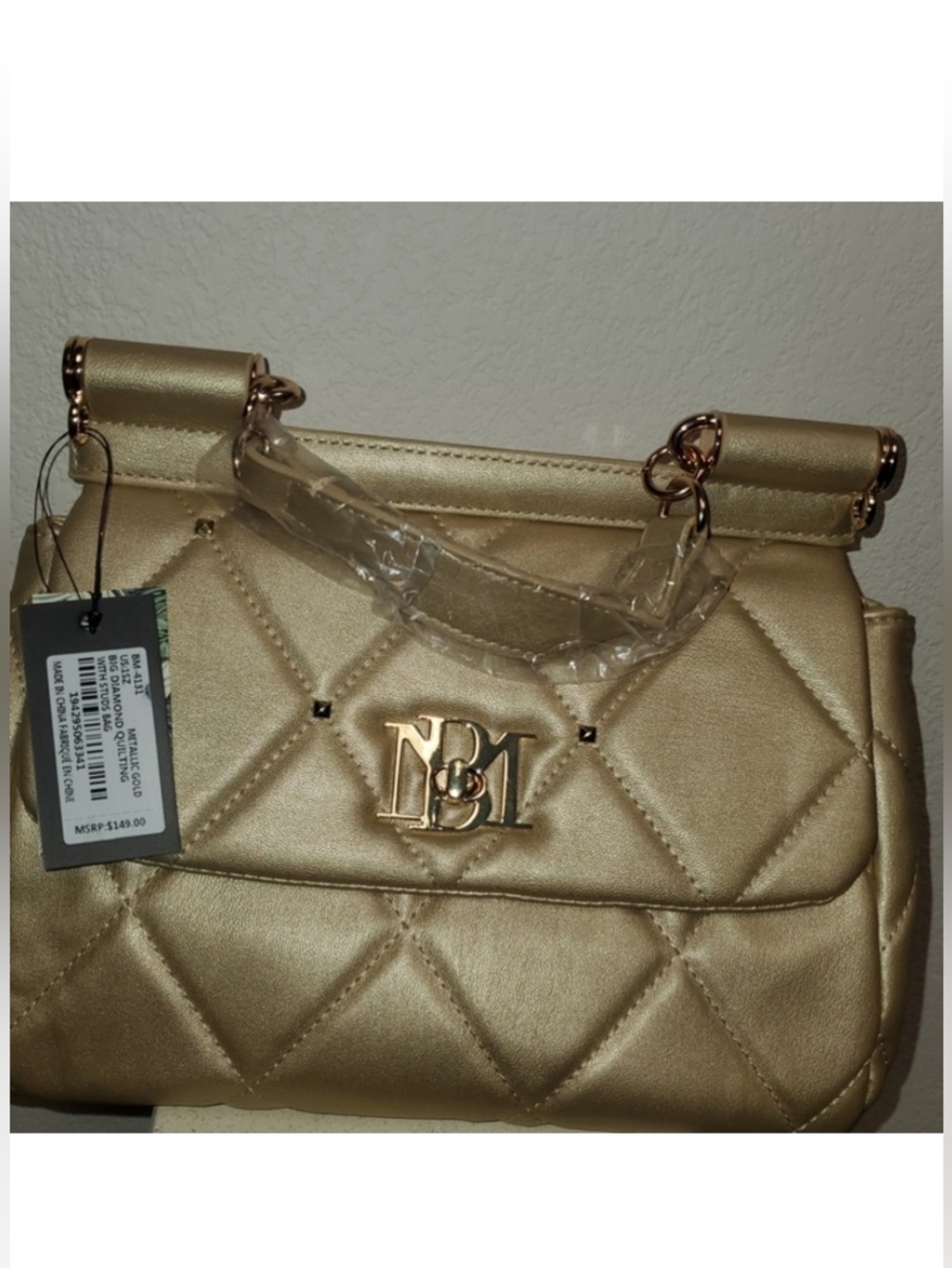 Stunning Bagley Mischka Gold Quilted Top-Handle Women's Bag